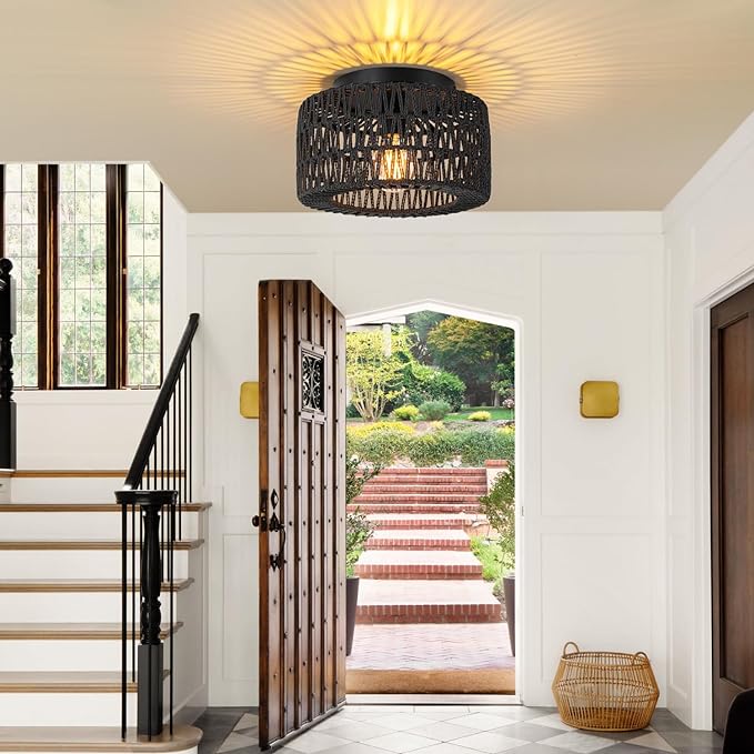 SineRise Rattan Ceiling Light Fixtures (12-Inch, LED Bulb Included), Hand-Woven Boho Flush Mount Ceiling Light, Rattan Chandelier for Hallway Kitchen Farmhouse Foyer Entryway Living Room(Black)