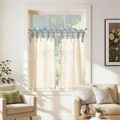 jinchan Linen Tie Top Curtains 36 Inch Length Farmhouse Cafe Curtains Set of 2 for Bedroom Bathroom Rustic Small Windows Light Filtering Crude Panels with Blue Ties
