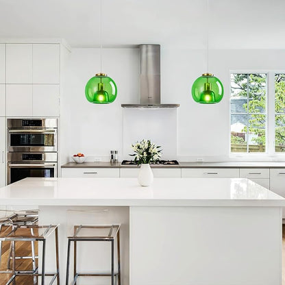 Green Glass Pendant Lights Kitchen Island Gold Hanging Light Fixture Glass Globe Pendant Light Modern Pendant Lighting for Kitchen Island Bedroom Dining Room (7.87", 2 Pack)