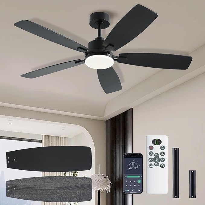NKPU 52 Inch Ceiling Fans with Lights, Black Ceiling Fan and Remote/App Control, 2 Downrods, DC Reversible, Noiseless, Dimmable, 5 Dual-Sided Blades Modern Ceiling Fan for Indoor/Outdoor Use