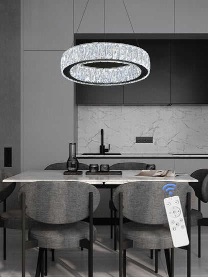 Modern LED Dimmable Crystal Chandelier 15.7in Black Ring Pendant Light Adjustable Round Crystal Chandelier Light for Dining Room Living Room