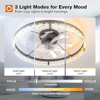addlon Ceiling Fans with Lights and Remote, 24'' Low Profile Flush Mount Ceiling Fan, 3000–6000K Dimmable LED Fandelier, Bladeless Crystal Fan Light for Bedroom, Kitchen, Living Room, Black