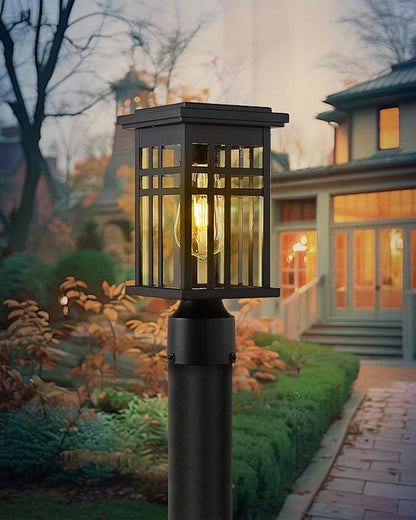 Solar Lamp Post Light, HWH 12 Inch Black Exterior Post Light for Yard Garden with Remote Control, Die-Cast Aluminum with Clear Glass Shade, 5HD36P SL BK