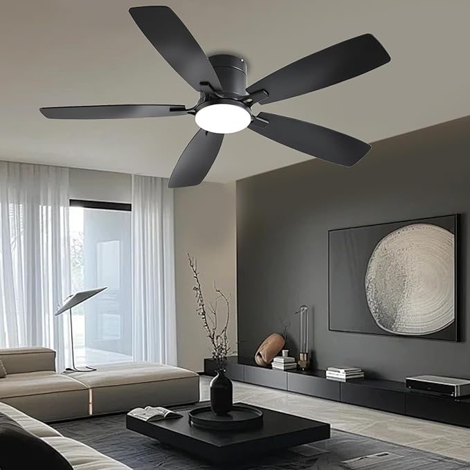 Ayaoty Ceiling Fans with Lights, 52 inch Low Profile Ceiling Fan with Light and Remote Control, Flush Mount, Reversible Motor, Dimmable, Noiseless, Black Ceiling Fan for Bedroom, Indoor/Outdoor Use