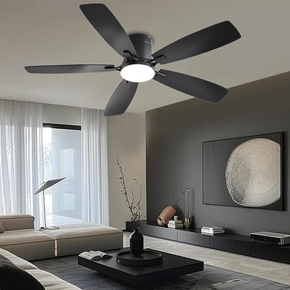 Ayaoty Ceiling Fans with Lights, 52 inch Low Profile Ceiling Fan with Light and Remote Control, Flush Mount, Reversible Motor, Dimmable, Noiseless, Black Ceiling Fan for Bedroom, Indoor/Outdoor Use