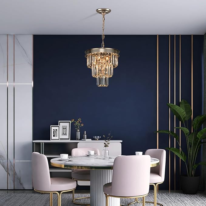 Weesalife Crystal Chandeliers for Dining Room Light Fixtures Over Table，4-Lights Modern Champagne Gold Crystal Pendant Lighting Fixture，Small Chandeliers for Kitchen Island Bedroom Entryway D12 Inch