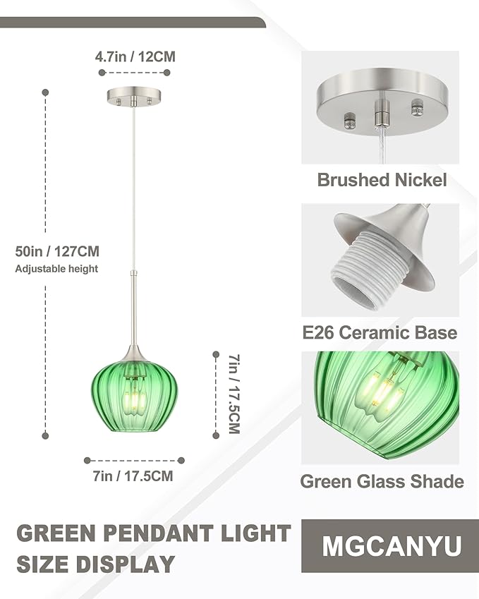 Green Pendant Lights Kitchen Island, 7" Vintage Glass Pendant Lighting with Brushed Nickel Adjustable Hanging Light Fixtures for Kitchen, Dining Room, Sink, Bathroom