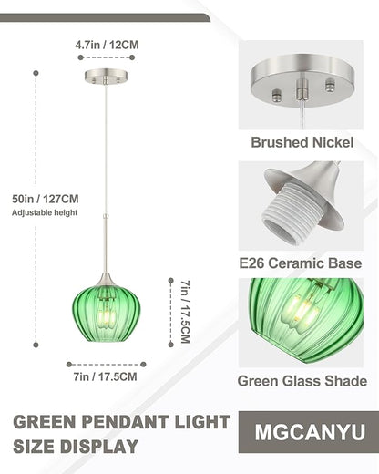 Green Pendant Lights Kitchen Island, 7" Vintage Glass Pendant Lighting with Brushed Nickel Adjustable Hanging Light Fixtures for Kitchen, Dining Room, Sink, Bathroom