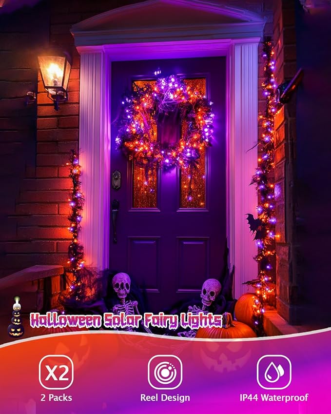 JMEXSUSS 2 Pack Solar Halloween Lights Outdoor Waterproof, Total 66FT 200 LED Orange and Purple Halloween Lights, 8 Mode Black Wire Solar Fairy String Light for Outside Yard Spooky Party Decorations