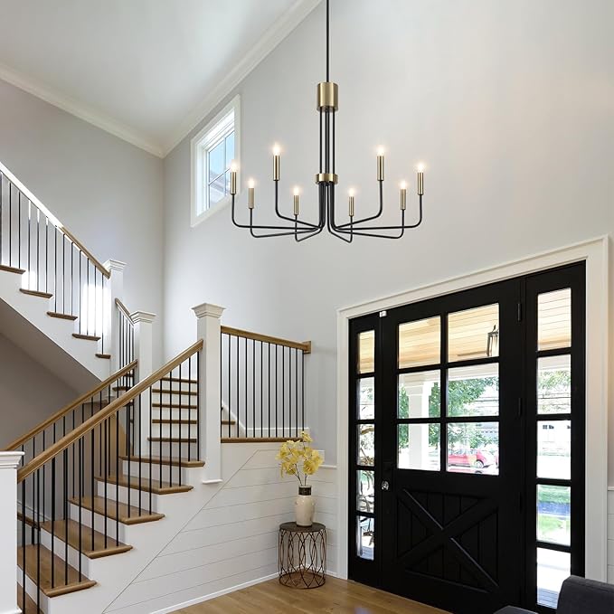 Black and Gold Chandelier, 8 Light Modern Chandeliers for Dining Room Light Fixture, Farmhouse Chandelier for Living Room, Bedroom, Kitchen, Entryway, Foyer