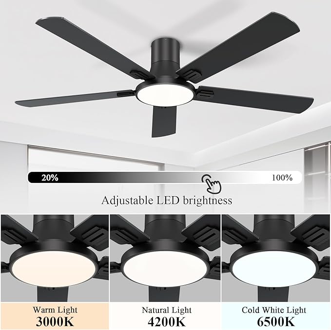 SNJ 60 Inch Black Ceiling Fans with Lights and Remote,Flush Mount Low Profile 5 Blades Ceiling Fan,Dimmable Quiet Reversible DC Motor for,Living Room,Bedroom and Patio