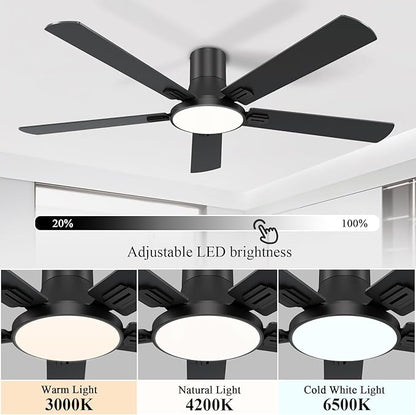 SNJ 60 Inch Black Ceiling Fans with Lights and Remote,Flush Mount Low Profile 5 Blades Ceiling Fan,Dimmable Quiet Reversible DC Motor for,Living Room,Bedroom and Patio