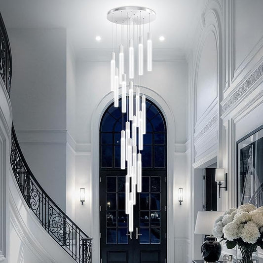 Large 20-Light Silver Crystal Chandelier, Modern Dimmable LED Height Adjustable Pendant Light, Luxury Hanging Fixture for High Ceilings, Foyer, Staircase, Hotel Lobby