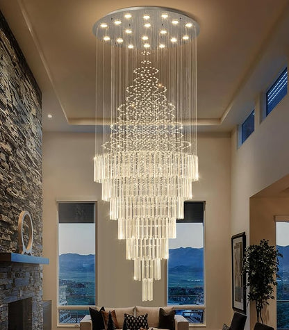 HAIXIANG W40 x H120 Glam Chandelier with LED Bulbs Crystal Raindrop High Ceiling Pendant Light for Entrance Large Villa Chandelier Foyer Lighting Fixtures Silver