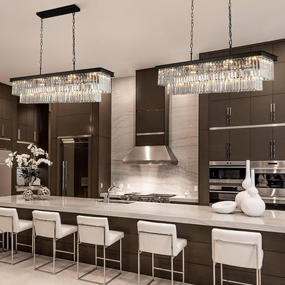 Weesalife Crystal Chandeliers for Dining Room Light Fixtures Over Table，15-Lights Black Modern Rectangle Chandeliers for Kitchen Island Bar L40 Inch