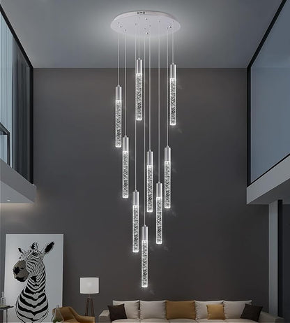 High Ceiling Crystal Chandelier 9-Lights, Spiral Dimmable LED Raindrop Foyer Pendant Light, Bubble Staircase Living Room Hanging Lighting Fixture Chrome