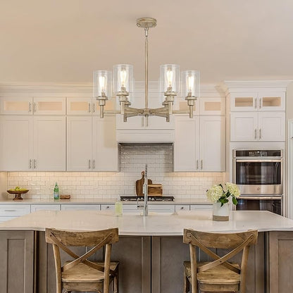 6 Light Farmhouse Chandeliers for Dining Room | Rustic Dining Room Light Fixtures Over Table | Fake Wood Hanging Lighting with Clear Glass Cover for Living Room | Kitchen Island | Entryway | Bathroom