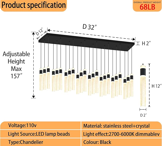 Glam Rectangular Crystal Column Chandelier for High Ceiling 24-Lights Black LED Dimmable Long Crystal Chandelier for Foyer Living Room Adjustable Height