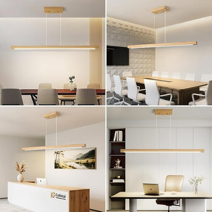 Modern Wooden Pendant Light, 39IN White Ash Wood Chandelier with Remote Control 3000k-6500K Adjustable Color Temperature，Aluminum Island Lighting Lamp for Dining Room, Living Room B