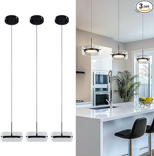 3-Pack Modern Pendant Lights Kitchen Island, Dual-Sided LED 3-CCT Dimmable Glass Hanging Lighting Fixture, Adjustable Cable for Dining Room, Bar, Over Table, Sloped Ceiling Matte Black