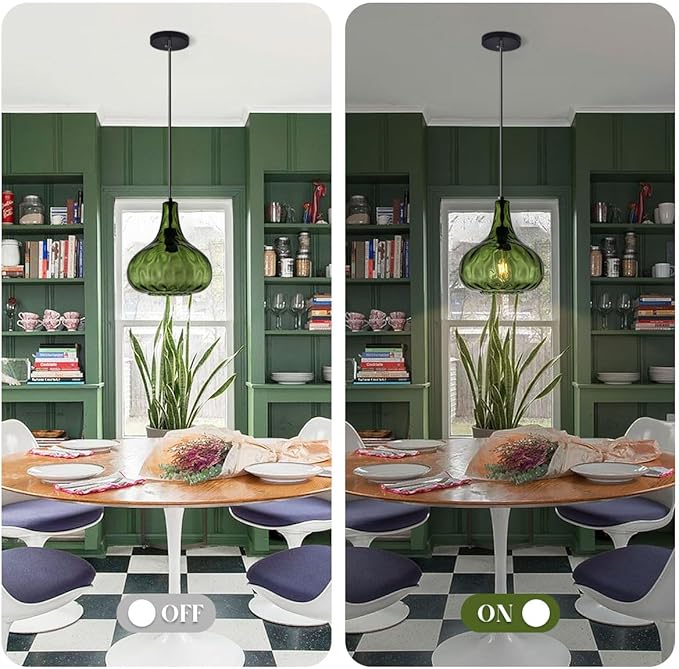 Vintage Pendant Lights Green Glass Hanging Lights Mid-Century Modern Pendant Light Fixtures Black Finish 9.45″ Globe Hammered Shade Adjustable Pendant Lighting Kitchen Sink Farmhouse