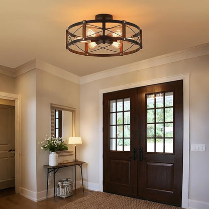 6-Light Large Rustic Farmhouse Wood Flush Mount Ceiling Light Fixture 20 inch Oak Wood and Metal Round Semi Flush Mount Ceiling Light for Hallway Entry Dining Farmhouse Bedroom Living Room, Black