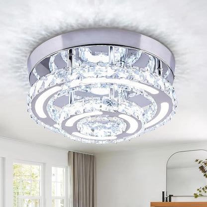 Modern Crystal Chandelier LED Flush Mount Ceiling Light Fixture 11.4" Round Small Crystal Ceiling Lights for Bedroom Kitchen Hallway (Cool White)