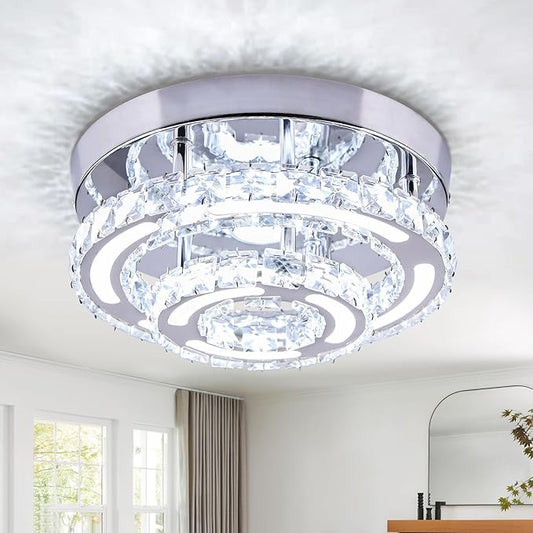 Modern Crystal Chandelier LED Flush Mount Ceiling Light Fixture 11.4" Round Small Crystal Ceiling Lights for Bedroom Kitchen Hallway (Cool White)