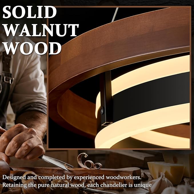 LED Ring Chandelier 24in Solid Walnut Wood Chandeliers Dimmable Black Chandeliers Modern Round Chandelier Light for Living Room Dining Room Kitchen Island Bedroom Entry