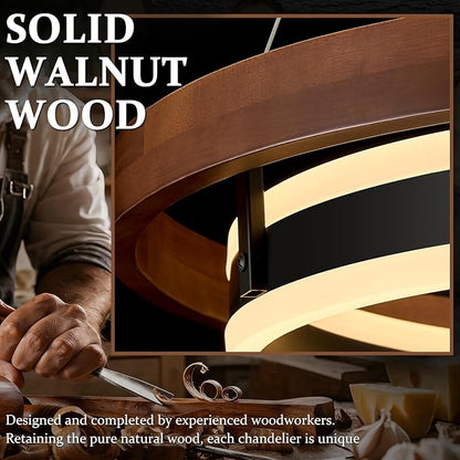 LED Ring Chandelier 24in Solid Walnut Wood Chandeliers Dimmable Black Chandeliers Modern Round Chandelier Light for Living Room Dining Room Kitchen Island Bedroom Entry