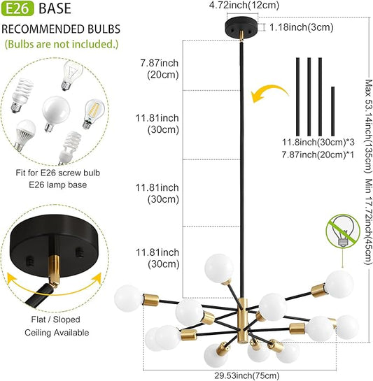Sputnik Chandeliers, Black and Gold Chandelier,Modern Pendant Light Fixture Mid Century Industrial Ceiling Lighting 12 Lights for Dining Room, Kitchen, Bedroom, Living Room and Farmhoue