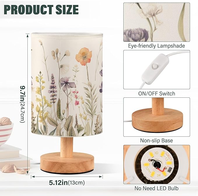 Bedside Table Lamp Retro Colorful Herbs Wild Flowers Nightstand Lamp with Wood Desk Lamps for Bedroom Living Room Nursery Office Home Decor