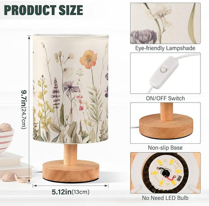 Bedside Table Lamp Retro Colorful Herbs Wild Flowers Nightstand Lamp with Wood Desk Lamps for Bedroom Living Room Nursery Office Home Decor