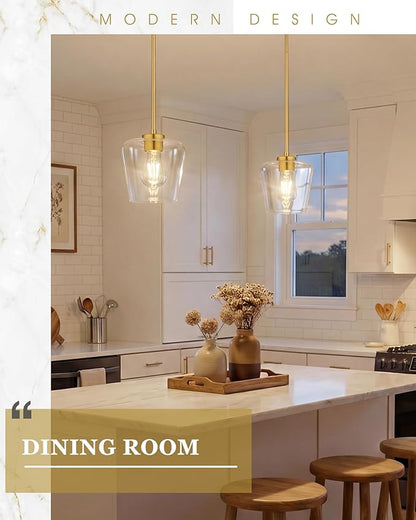 2-Pack Pendant Lights Kitchen Island, 8" Brushed Gold Hanging Lights Fixtures with Clear Glass Shade, Modern Kitchen Pendant Lighting Over Island for Dining Room, AD-22004-1P2L-GD-C