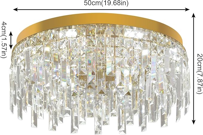 VETRULUS Gold Crystal Chandeliers for Dining Room 19.68" Round Luxury Flush Mount Crystal Ceiling Light Fixture Modern Chandelier for Bedroom Living Room Kitchen Island