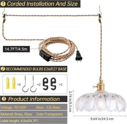 Shenmoyl Plug in Pendant Light Hanging Light Fixtures with Plugin Cord On/Off Switch,Clear Scindapsus Glass Lampshade Brass Pendant Light