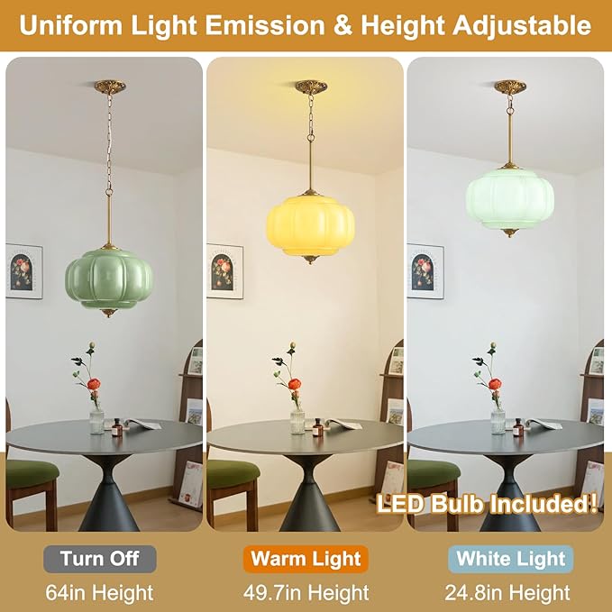 Green Glass Pendant Light, 15in Large Schoolhouse Light Fixture, LED Bulb Included, Vintage Art Deco Chandelier for Kitchen Island Dining Room Bedroom Hallway, Green & Antique Gold 1 Pack