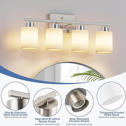 PARTPHONER 4-Light Brushed Nickel Bathroom Light Fixtures, Modern Vanity Light Over Mirror Lighting, Wall Sconce with Frosted Milky White Glass Shades for Bedroom Living Room Kitchen Hallway