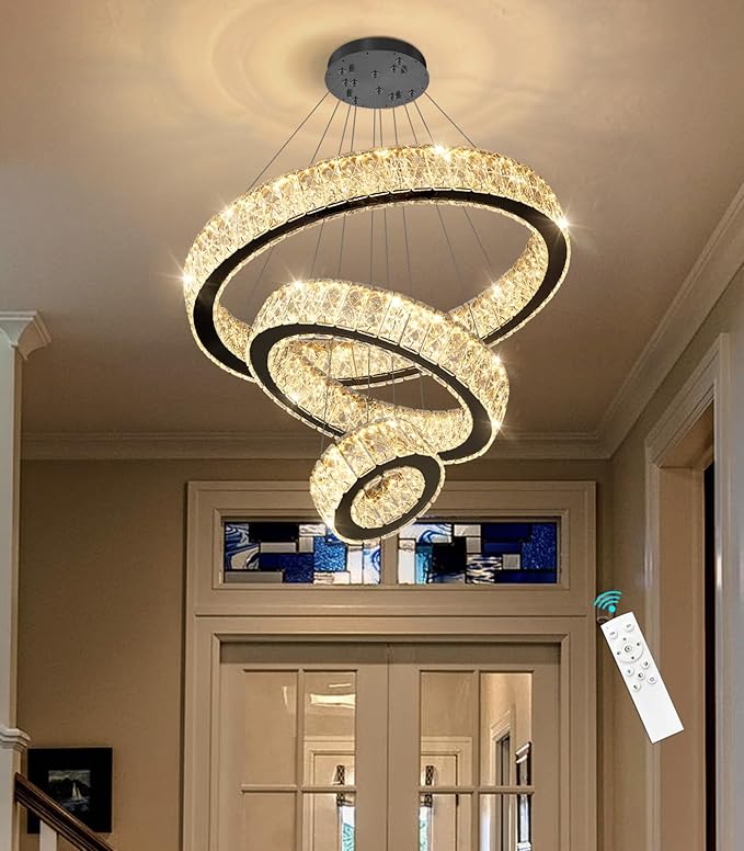 Modern Crystal Chandelier 36W Dimmable LED Ceiling Light Fixture with Remote Luxury Adjustable Pendant Light for Living Room Dining Room Black