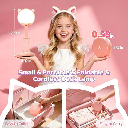 One Fire Cute Desk Lamp Pink Dorm Lamps for College Girls Foldable Portable Rechargeable Dimmable Cute Cat Lamp Kawaii Room Decor,College Dorm Decor for Girls Pink Classroom Essentials