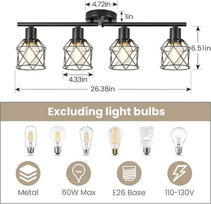 4-Lights Kitchen Track Lighting, Adjustable Multi-Directional Ceiling Light Fixtures, Rotatable Farmhouse Light Fixtures Mount with Metal Cage for Dining Room, Living Room, Bedroom, E26 Base
