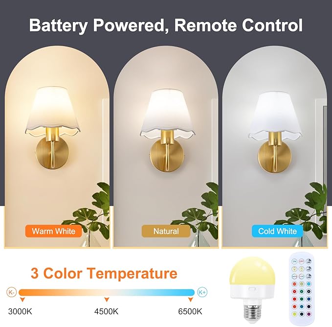 ADISUN Battery Operated Wall Sconce Set of 2, Gold Wall Lamps Rechargeable Bulbs for Living Room, White Rattan Shade, Wireless Wall Lights for Bedroom Living Room Hallway Kitchen(2 Bulbs Included)