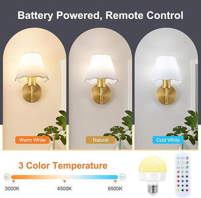 ADISUN Battery Operated Wall Sconce Set of 2, Gold Wall Lamps Rechargeable Bulbs for Living Room, White Rattan Shade, Wireless Wall Lights for Bedroom Living Room Hallway Kitchen(2 Bulbs Included)