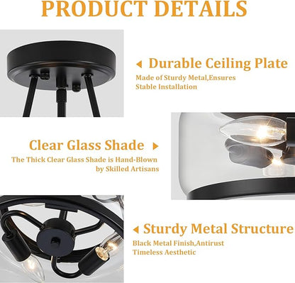 11.81" Black Semi Flush Mount Ceiling Light Fixture Modern Glass Kitchen Lighting Fixtures Ceiling Lights 3-Light Hallway Light Fixtures Drum Entryway Chandelier for Bedroom Foyer Laundry Dining Room