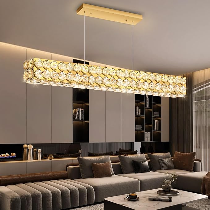 40'' Modern Crystal Chandelier for Dining Room Ceiling Light Fixture for Living Room Hallway Lighting LED Dimmable with Remote Gold