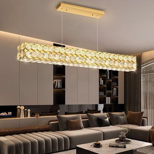 40'' Modern Crystal Chandelier for Dining Room Ceiling Light Fixture for Living Room Hallway Lighting LED Dimmable with Remote Gold