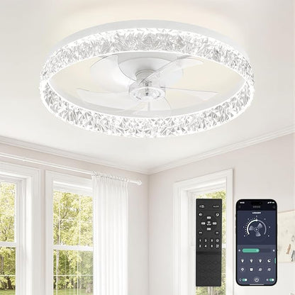LEDIARY 22 Inch Ceiling Fans with Lights and Remote, Fandelier Low Profile Ceiling Fan, 3000K-6000K Dimmable Flush Mount LED Fan Light, White Modern Ceiling Fans with Lights for Bedroom