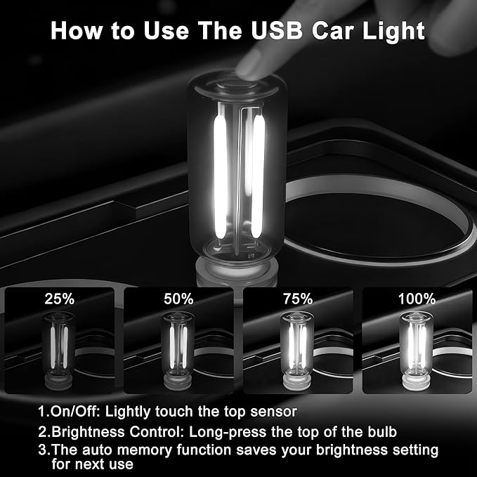 2 Packs USB Light for Car, Touch Dimmable Car Interior Ambient Lights - Portable Mini USB LED Light Bulb, Retro Glass Bottle Night Light for Vehicle, Bedroom, Hallway, Camping (White)