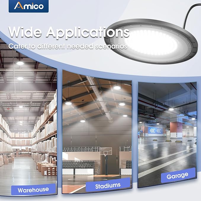 Amico UFO LED High Bay Light 150W 21000lm 5000K High Bay LED Shop Lights for Workshop Warehouse Barn with UL Listed US Hook 5' Cable Alternative to 650W MH/HPS for Commercial Lighting Fixture 20 Pack