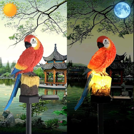 Solar Energy Red Parrot Light, Garden Decoration Resin Cute Animal Ground Lamp,Wireless Dusk to Dawn LED Sconce Lights Waterproof.